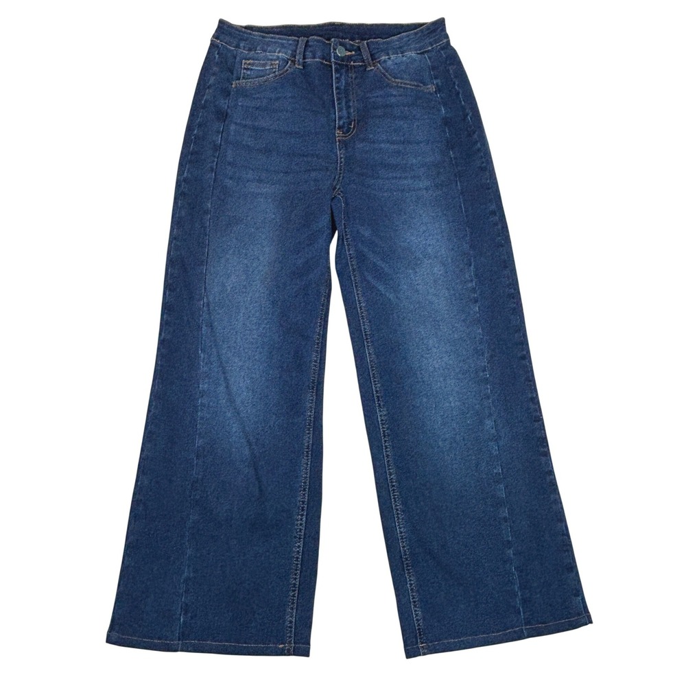 Sidefeel Womens Blue Wide Leg Flare Jeans High Rise Front Seam Sz 12 Medium Wash
